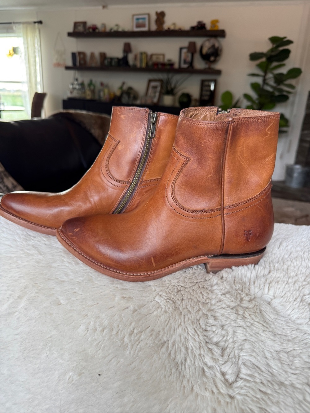 Frye Tan Leather Zip Cowboy Ankle Boots